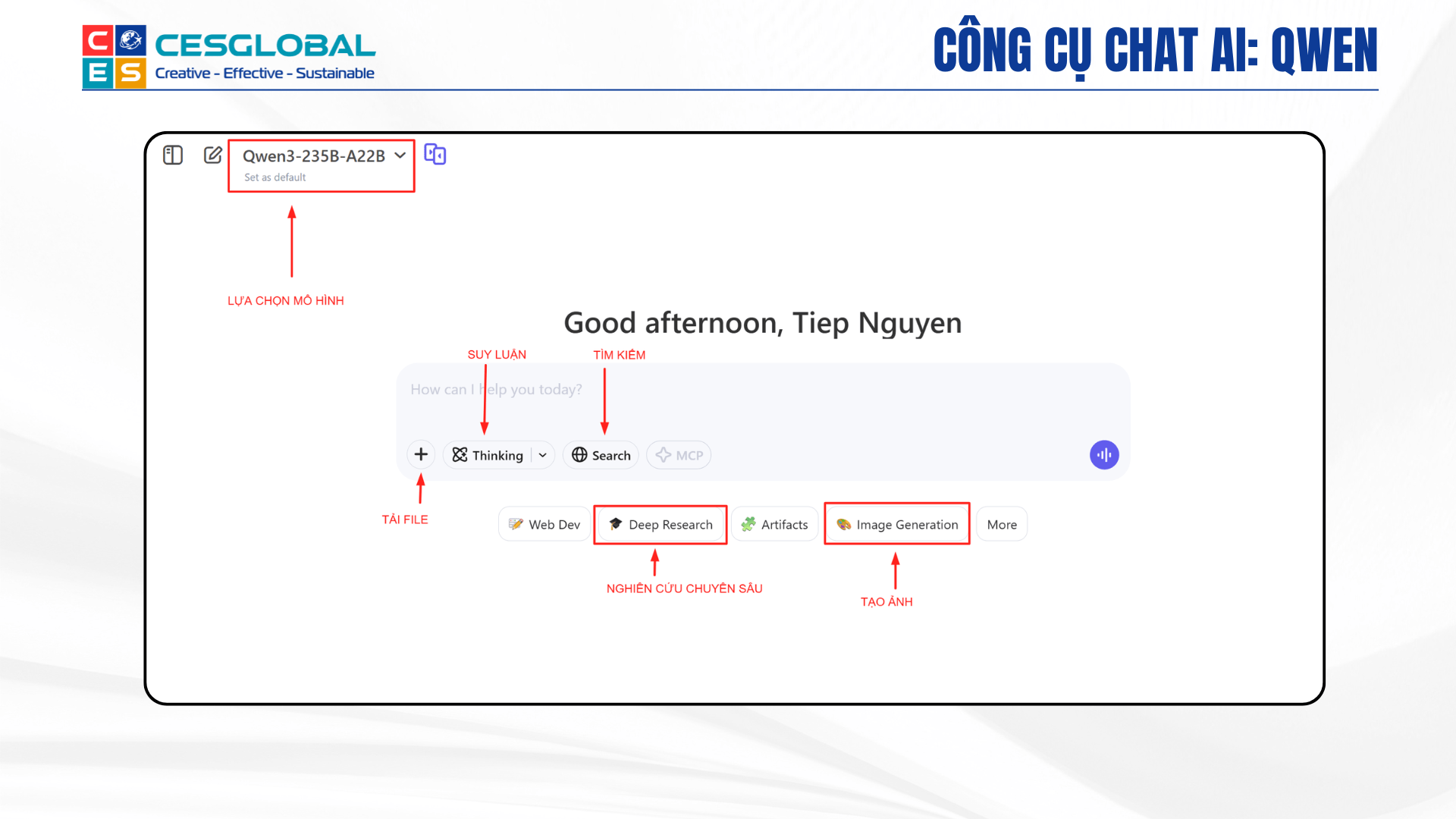 Giao diện chi tiết của Qwen AI trên chat.qwen.ai với các tính năng chính của Qwen AI