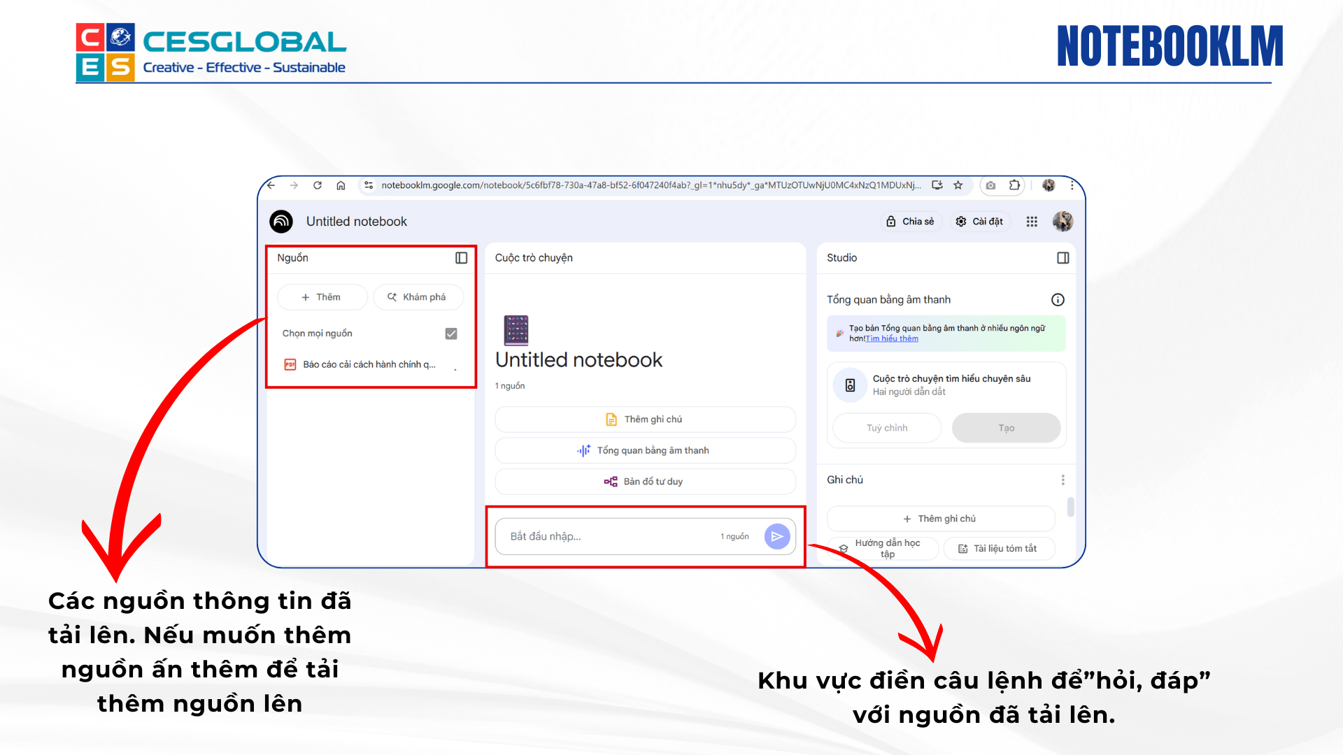 Giao diện làm việc chính của NotebookLM với các khu vực tương tác