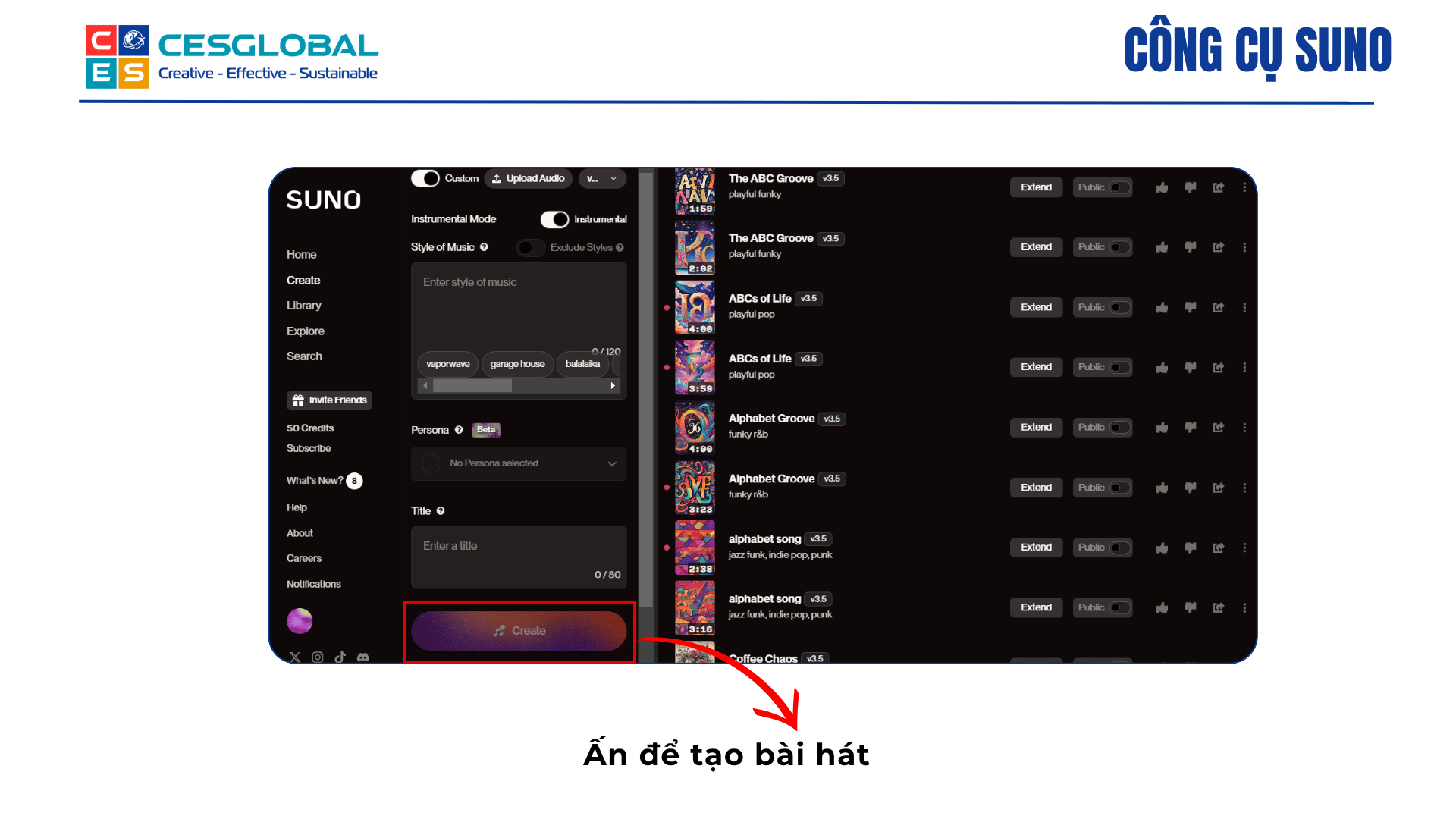 Nhấn nút Create để Suno AI bắt đầu tạo nhạc